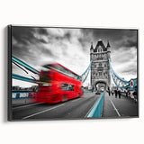 Black and white vintage poster art of London landscape on framed canvas, suitable for bedroom decor.