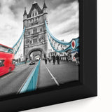Extra large framed canvas featuring a textured depiction of the London skyline in black with colorful art accents.