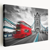 Side view of a large stretched canvas depicting the London skyline in muted gray and blue tones, ideal for kitchen wall art.