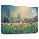 Large abstract wall art of a European landscape in muted greens and blues, acrylic print.