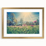 Abstract art print featuring a European landscape in muted earth tones, framed in gold, suitable for dining room decor.