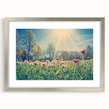 Extra large abstract art print featuring textured scenery of Estonia in muted earth tones, framed in silver.