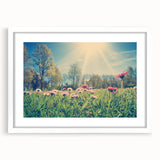 Textured abstract art print of a European landscape in muted earth tones on a white framed canvas.