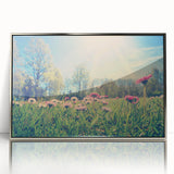 Large art print of a European Estonian scenery in muted green and blue tones, framed in silver acrylic.