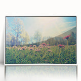 Mid-century modernist art depicting a serene European landscape in muted earth tones on framed acrylic.