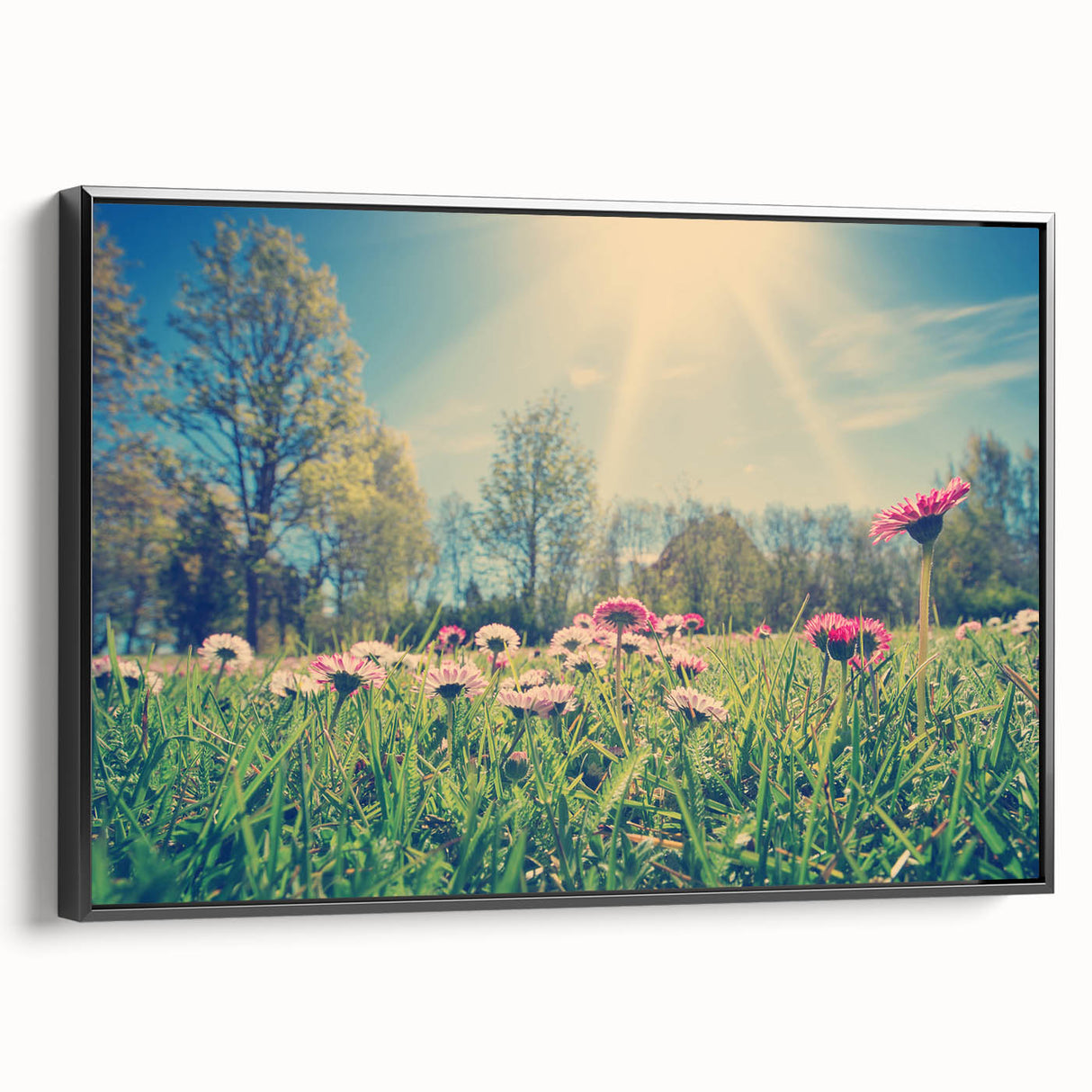 Black and white framed canvas of a vintage European landscape, ideal for bedroom wall decor.