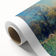 Art Deco style poster of a European scenery in muted green and blue tones on rolled canvas, ideal for nursery wall art.