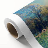 Art Deco style poster of a European scenery in muted green and blue tones on rolled canvas, ideal for nursery wall art.