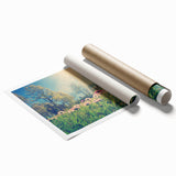 Extra large rolled print of a serene Estonian landscape with soft pastel floral elements, ideal for classy bathroom wall art.