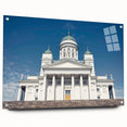 Acrylic glass print of a serene Finnish landscape in muted blues and greens, ideal for dining room decor.