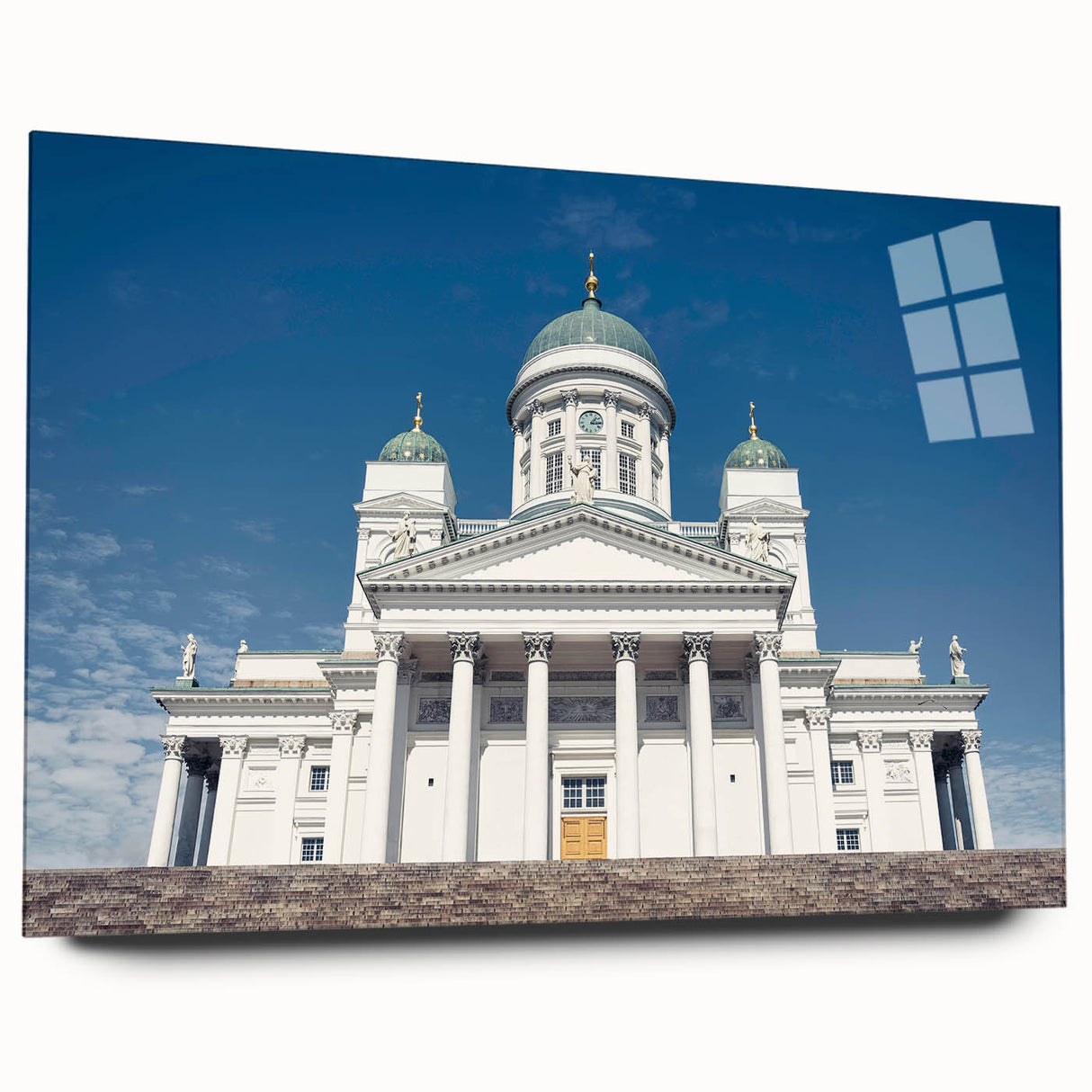 Acrylic print of a serene Finnish landscape in muted blue and green tones, ideal for bedroom or dining room art.