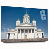 Acrylic print of a serene Finnish landscape in muted blue and green tones, ideal for bedroom or dining room art.