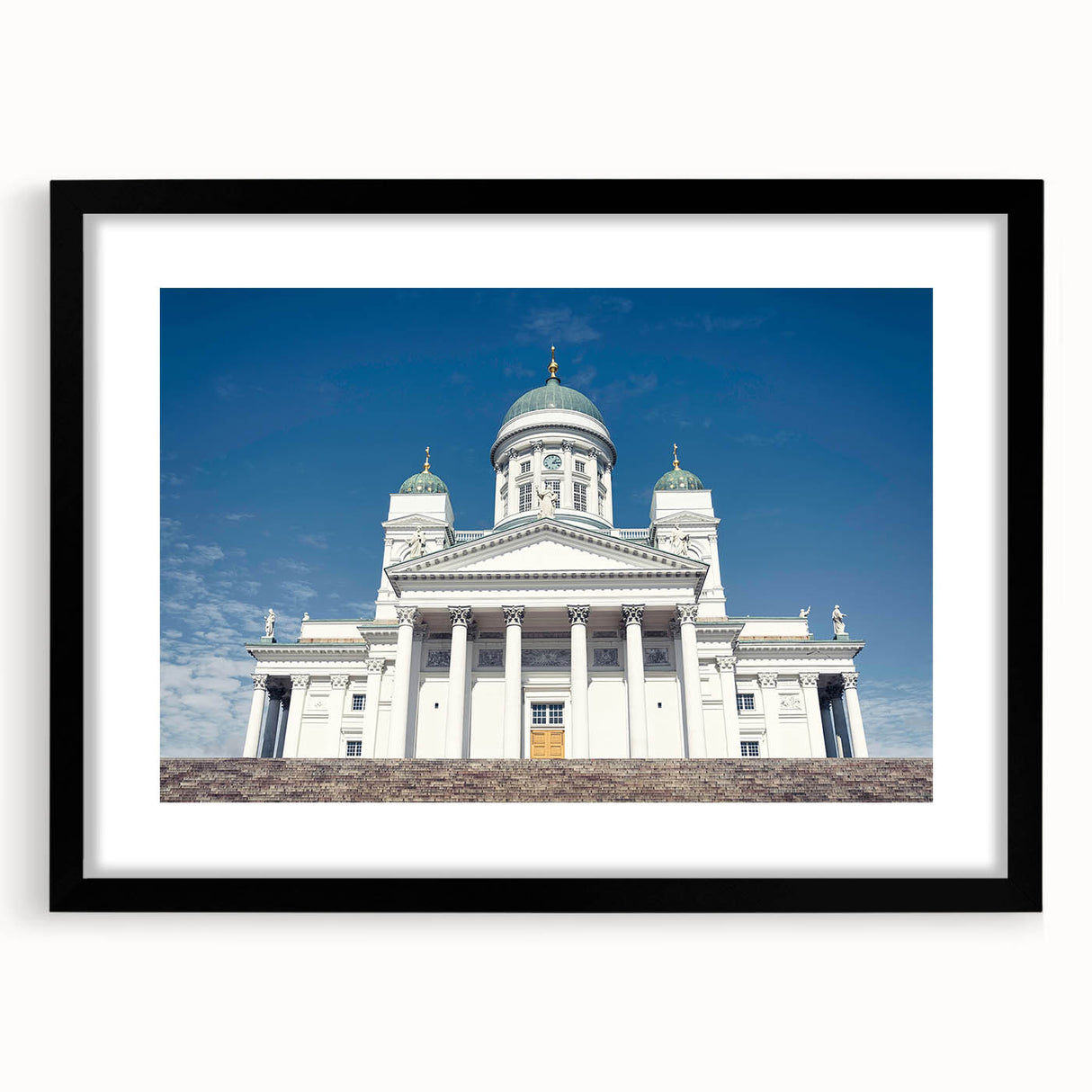 Colorful abstract art print of a European scenery in a black frame, textured, ideal for living room decor.