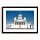 Colorful abstract art print of a European scenery in a black frame, textured, ideal for living room decor.