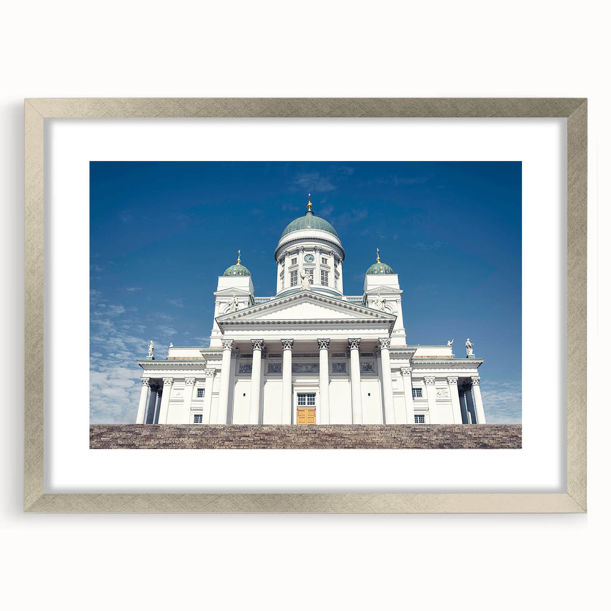 Extra large abstract art print with textured design in muted grays and blues, framed in silver, ideal for living room decor.