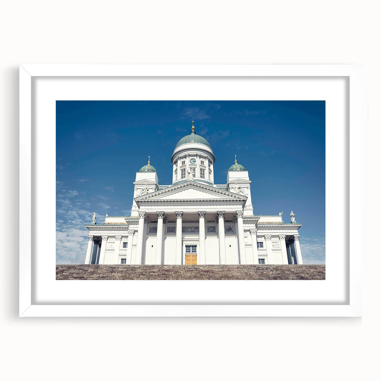 Textured abstract art print of a serene Finnish landscape in muted earth tones on a framed white mat.