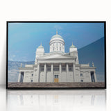 Large abstract wall art featuring a serene Finnish landscape in muted earth tones, acrylic print in a black frame.