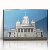 Art Deco style poster of a Finnish landscape in muted gold tones, acrylic framed.