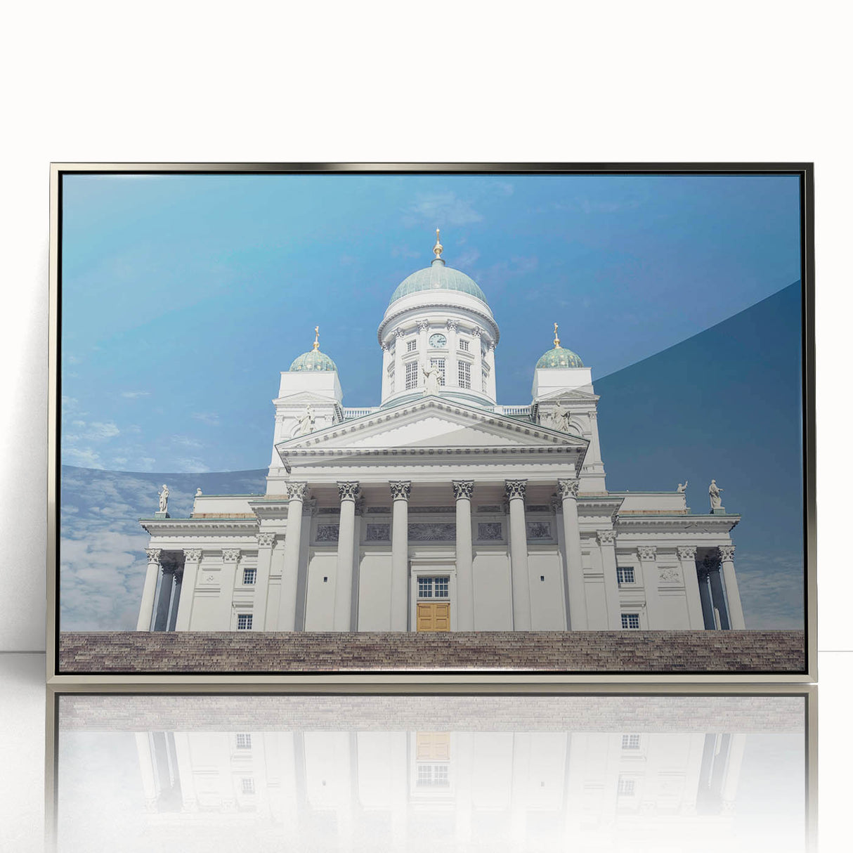 Mid-century modernist art featuring a serene Finnish landscape in muted earth tones, framed in silver acrylic.