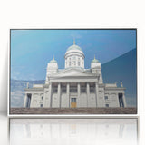 Mid-century modernist art of a serene Finnish landscape in muted green and blue tones on framed acrylic.