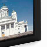 Extra large framed canvas featuring a textured black wall art scene of a European Finnish landscape with colorful accents.