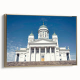 Framed canvas wall art depicting a serene Finnish landscape in muted earth tones, ideal for bedroom decor.