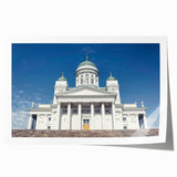 Extra large rolled print of a serene Finnish landscape with muted green and blue tones, ideal for dining room wall art.