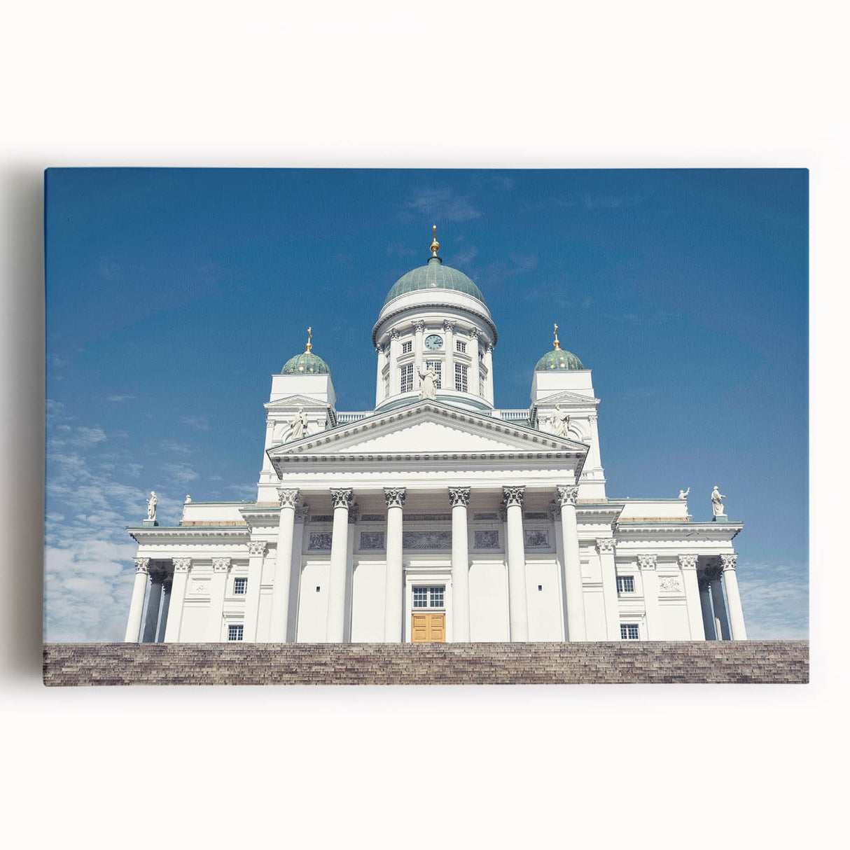 Black and white photograph of a serene Finnish landscape on stretched canvas, ideal for kitchen wall art or bedroom ambiance.