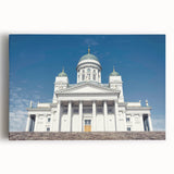 Black and white photograph of a serene Finnish landscape on stretched canvas, ideal for kitchen wall art or bedroom ambiance.