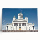 Black and white photograph of a serene Finnish landscape on large stretched canvas, ideal for kitchen wall art.