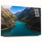 Large abstract wall art of the French Alps in muted blues and greens on acrylic glass.