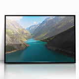 Large abstract wall art of the French Alps in muted earth tones, framed in black acrylic.