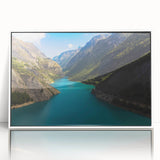 Mid-century modernist art depicting the French Alps, framed acrylic with white borders, in soft blue and white tones.