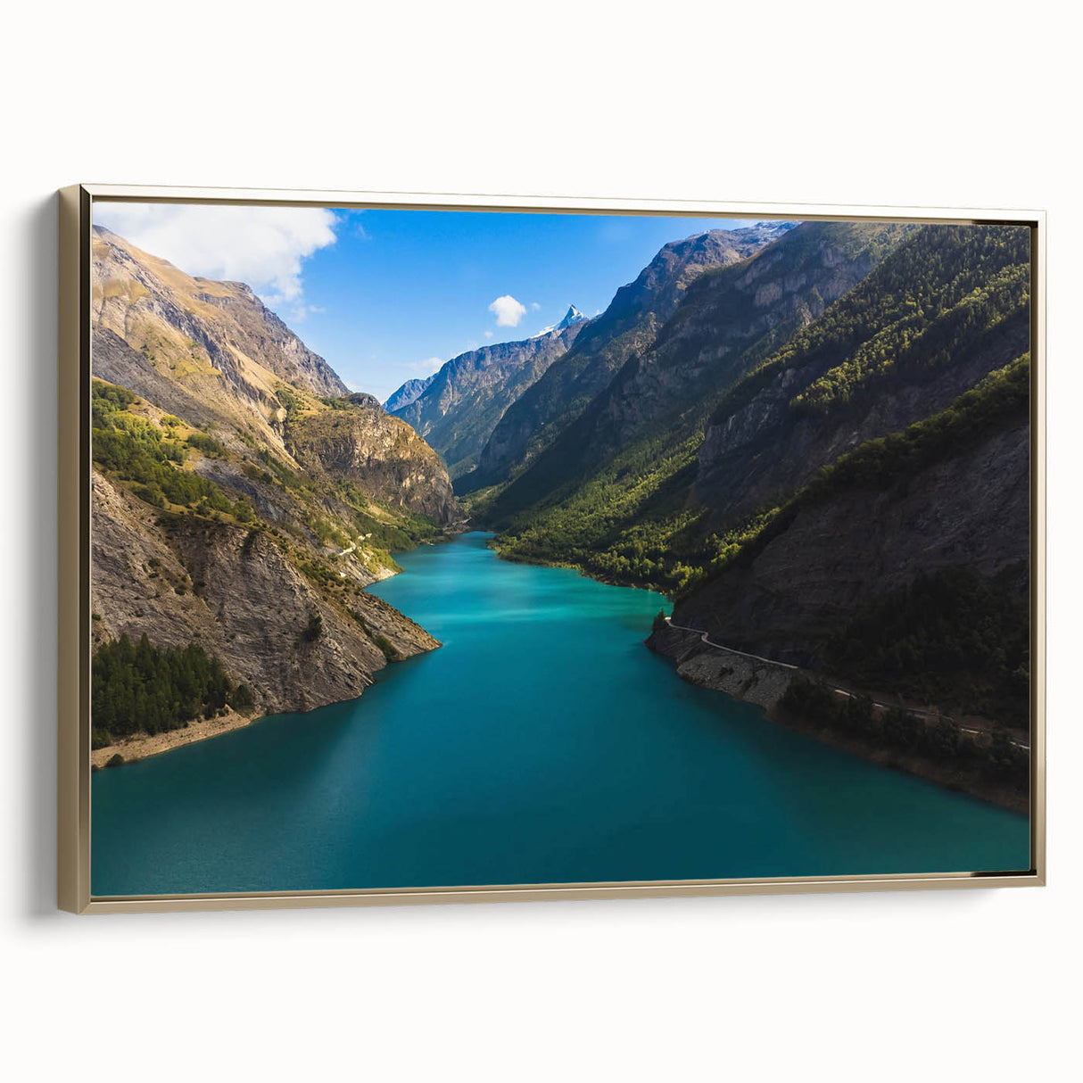 Framed canvas of the French Alps in muted earth tones, suitable as wall art for bedroom.