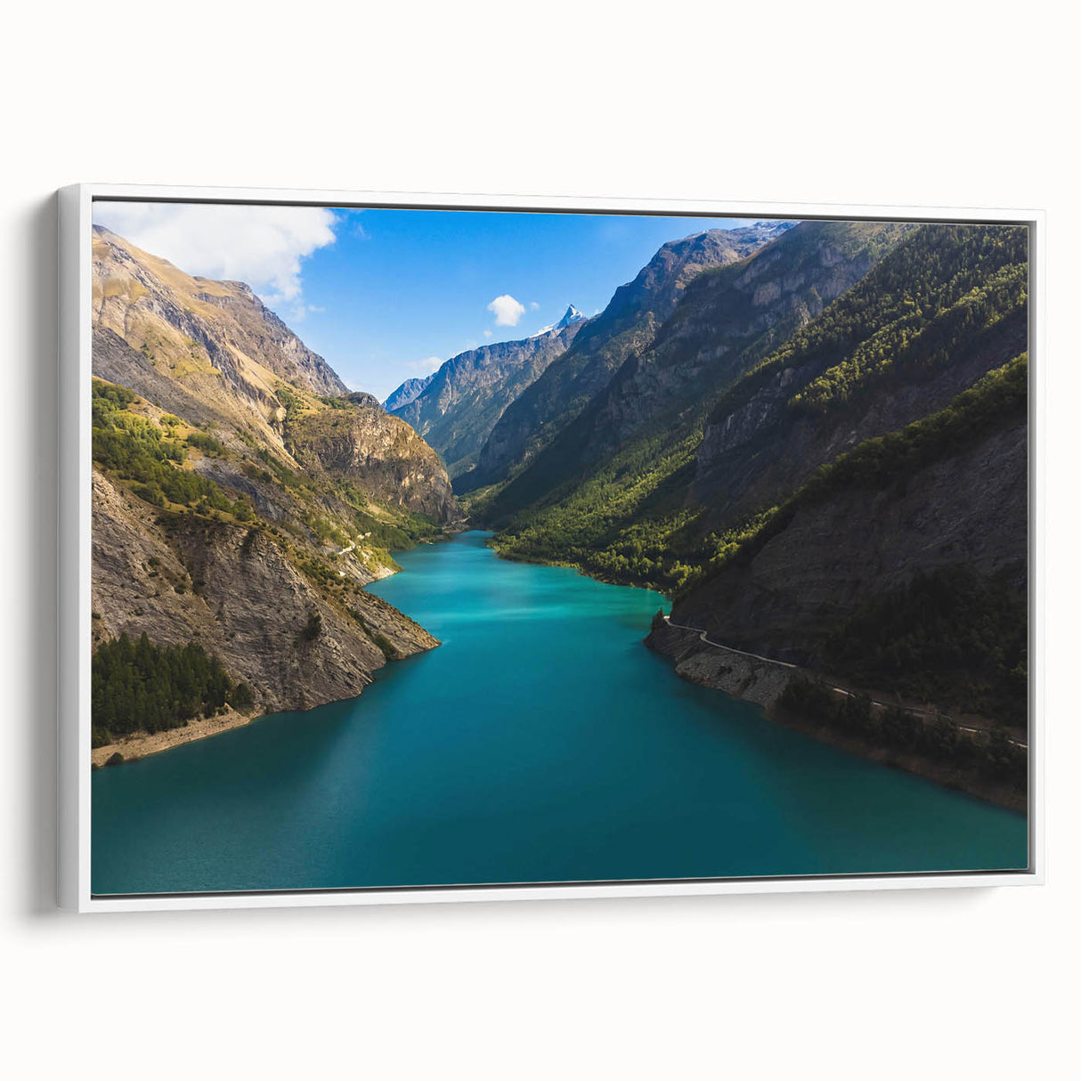 Vintage poster art of the French Alps in colorful tones on a large framed canvas, suitable for living room decor.