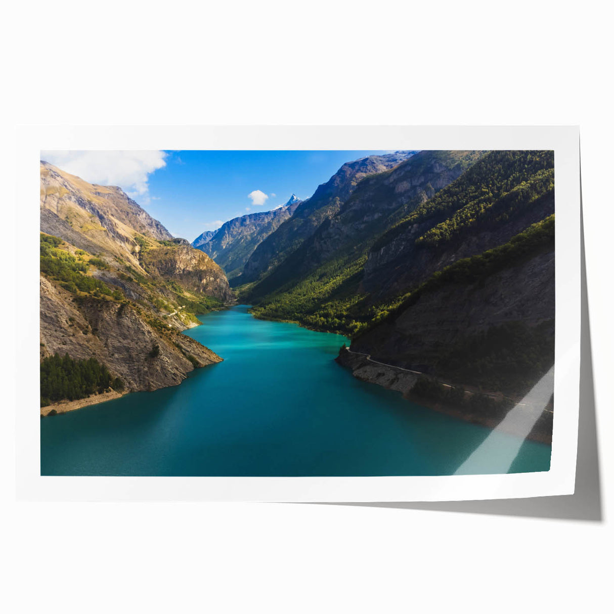 French Alps landscape on rolled print, featuring muted green and blue tones, ideal for art wall dining room.