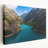 French Alps landscape on large stretched canvas, featuring muted greens and blues, suitable for kitchen wall art.
