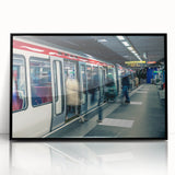 Large abstract wall art of Lyon, France in muted gray and blue tones on a black framed acrylic.