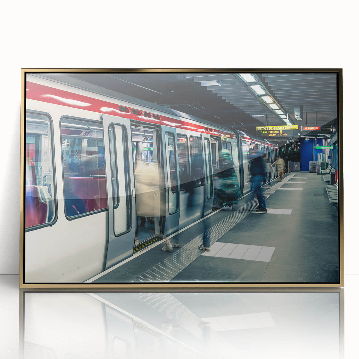 Art Deco poster of Lyon scenery in muted gold and blue tones on framed acrylic, suitable for modern art wall decor.