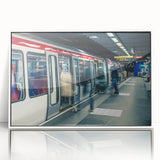 Mid-century modernist art depicting Lyon, France in acrylic, with muted earth tones, framed, ideal for nursery wall art.