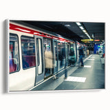 Vintage poster art of Lyon, France in vibrant colors on a large framed canvas, suitable for living room decor.