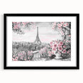Extra large abstract art print of a colorful Parisian scene, with textured details on a framed black mat.