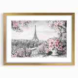 Abstract art print of Paris scenery in muted gold and blue tones on a framed canvas, suitable for dining room decor.