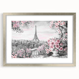 Extra large abstract art print of Paris scenery in muted gray and blue tones on a framed canvas, ideal for living room decor.