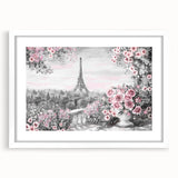 Textured art print of abstract Paris scenery in muted gray tones on a white framed mat, ideal for bedroom wall decor.