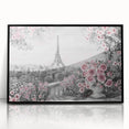 Large abstract wall art depicting a Paris street scene in muted gray and blue tones, framed in black acrylic.