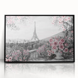 Large abstract wall art depicting a Paris street scene in muted gray and blue tones, framed in black acrylic.