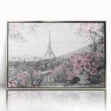 Large art print of a mid-century modernist Paris skyline in muted gray tones on framed acrylic.