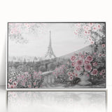 Mid-century modernist art of Paris scenery in muted gray and blue tones on a framed acrylic, ideal for nursery wall art.