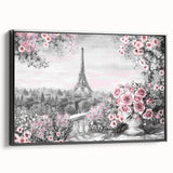 Black and white framed canvas featuring a vintage Paris landscape, ideal for bedroom wall decor.
